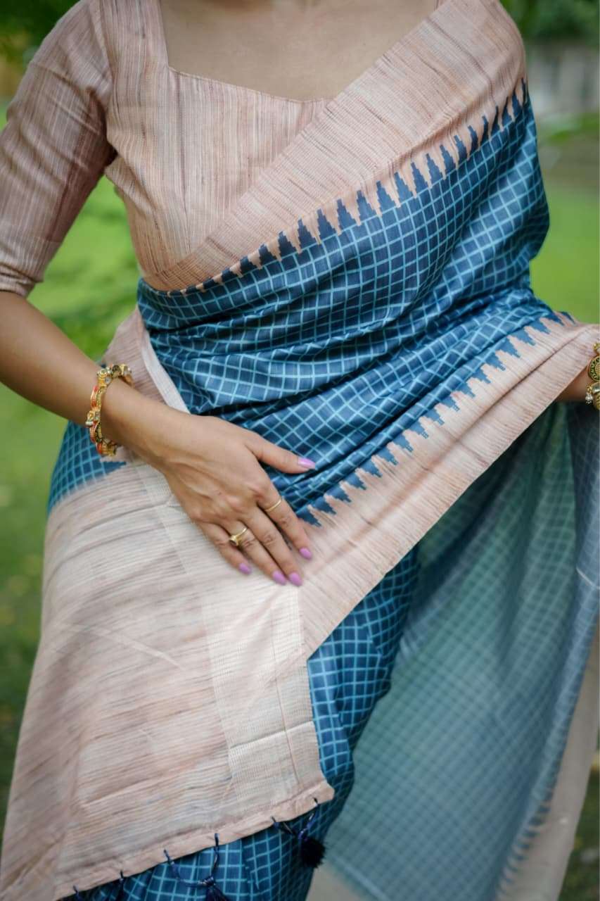 SOFT TUSSAR SILK SAREE WITH ALL OVER CHEKS PRINTED PATTERN AND KANTH WEAVING CONTRAST BORDER WITH KANTHA LINNING PALLU