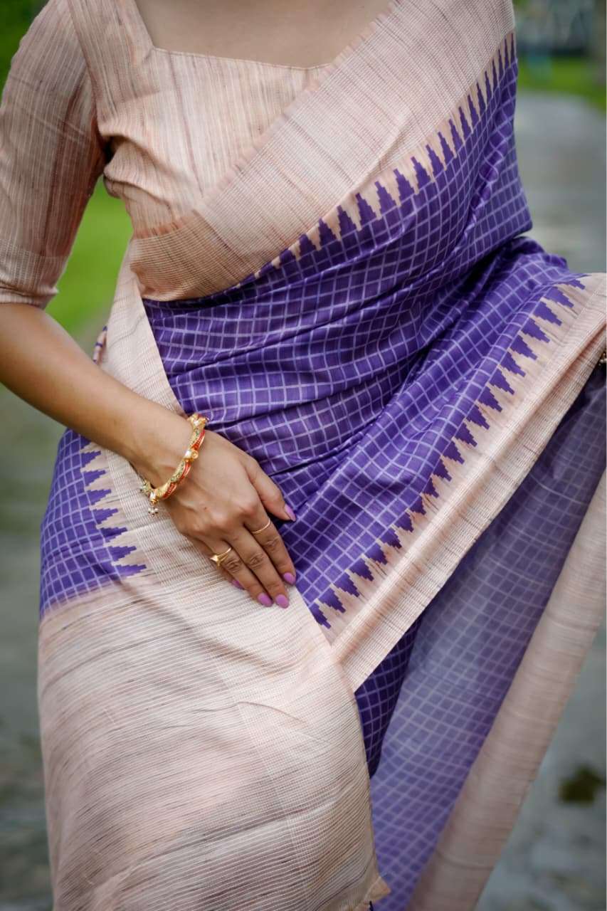 SOFT TUSSAR SILK SAREE WITH ALL OVER CHEKS PRINTED PATTERN AND KANTH WEAVING CONTRAST BORDER WITH KANTHA LINNING PALLU