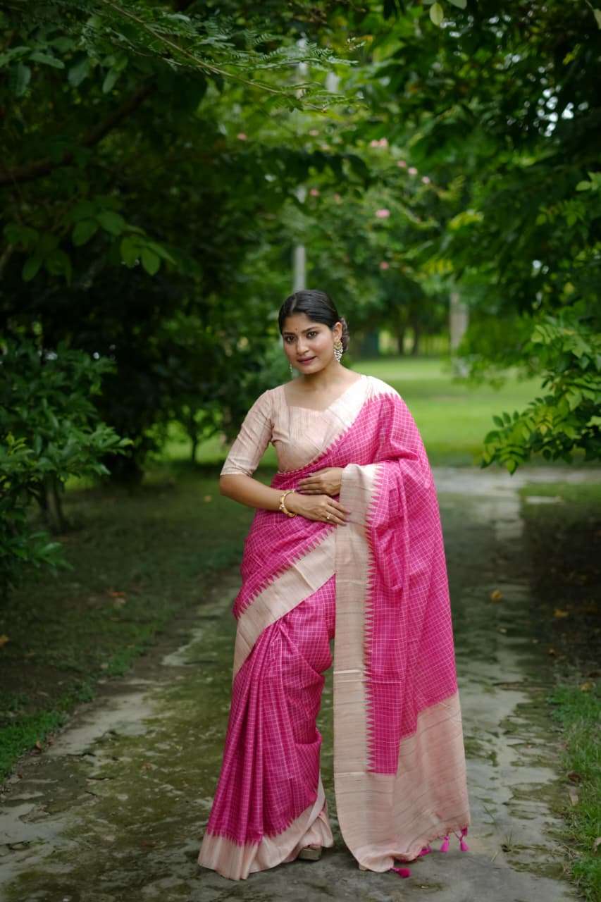 SOFT TUSSAR SILK SAREE WITH ALL OVER CHEKS PRINTED PATTERN AND KANTH WEAVING CONTRAST BORDER WITH KANTHA LINNING PALLU