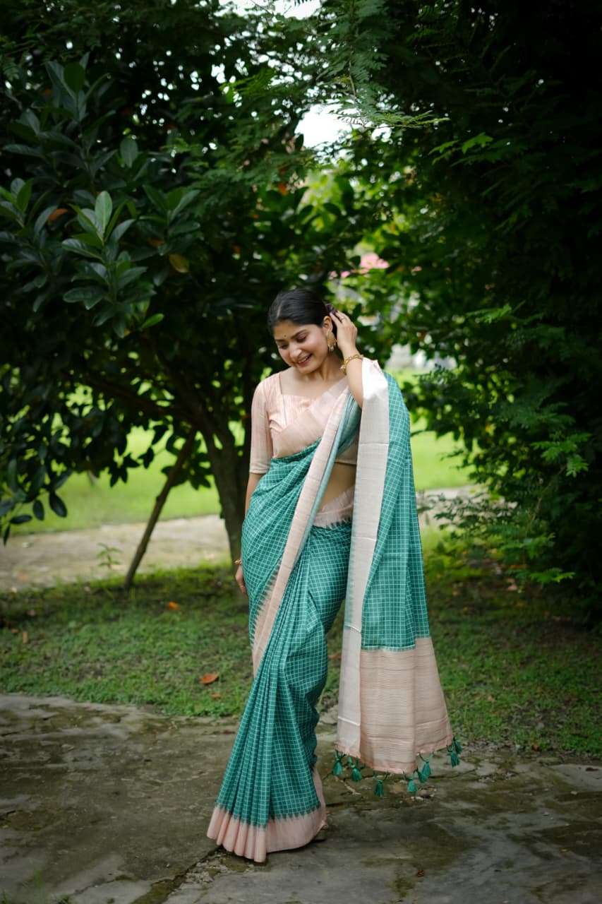 SOFT TUSSAR SILK SAREE WITH ALL OVER CHEKS PRINTED PATTERN AND KANTH WEAVING CONTRAST BORDER WITH KANTHA LINNING PALLU