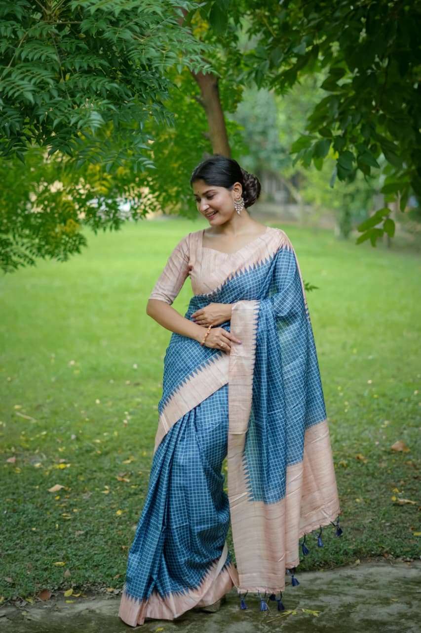 SOFT TUSSAR SILK SAREE WITH ALL OVER CHEKS PRINTED PATTERN AND KANTH WEAVING CONTRAST BORDER WITH KANTHA LINNING PALLU