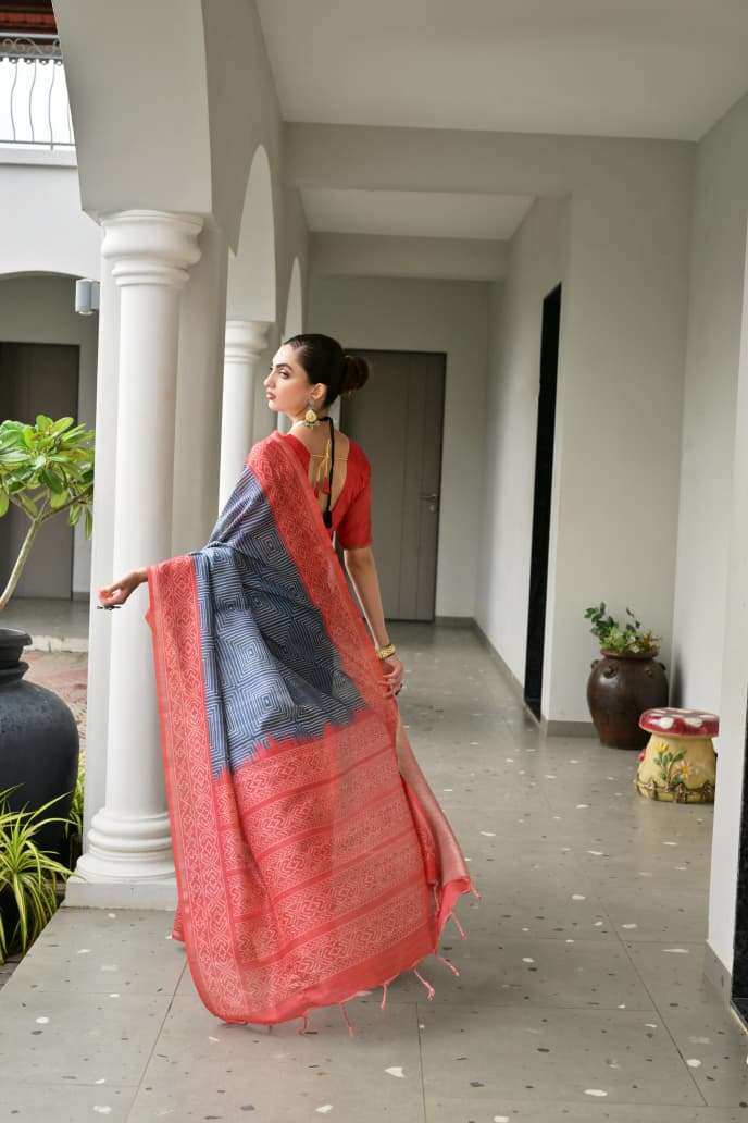 TRADITIONAL SOFT DESI TASAR SILK SAREE WITH UNIQUE IKKAT PRINTED PATTERN MONIKA 107