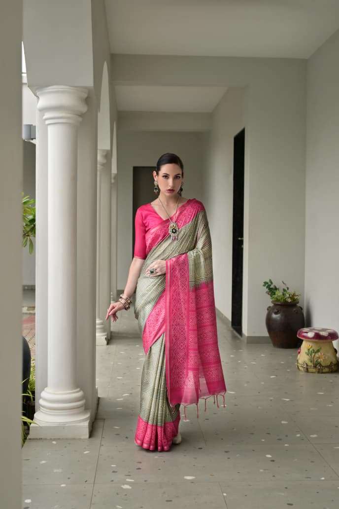 TRADITIONAL SOFT DESI TASAR SILK SAREE WITH UNIQUE IKKAT PRINTED PATTERN MONIKA 107