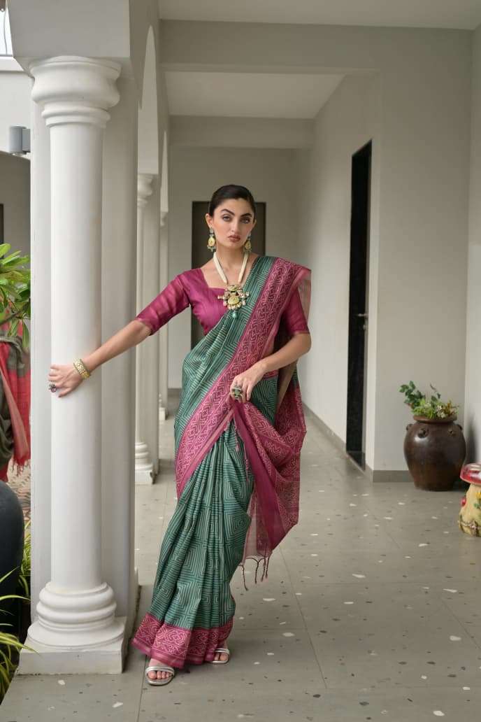 TRADITIONAL SOFT DESI TASAR SILK SAREE WITH UNIQUE IKKAT PRINTED PATTERN MONIKA 107
