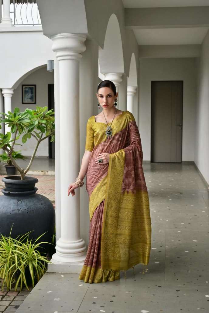 TRADITIONAL SOFT DESI TASAR SILK SAREE WITH UNIQUE IKKAT PRINTED PATTERN MONIKA 107