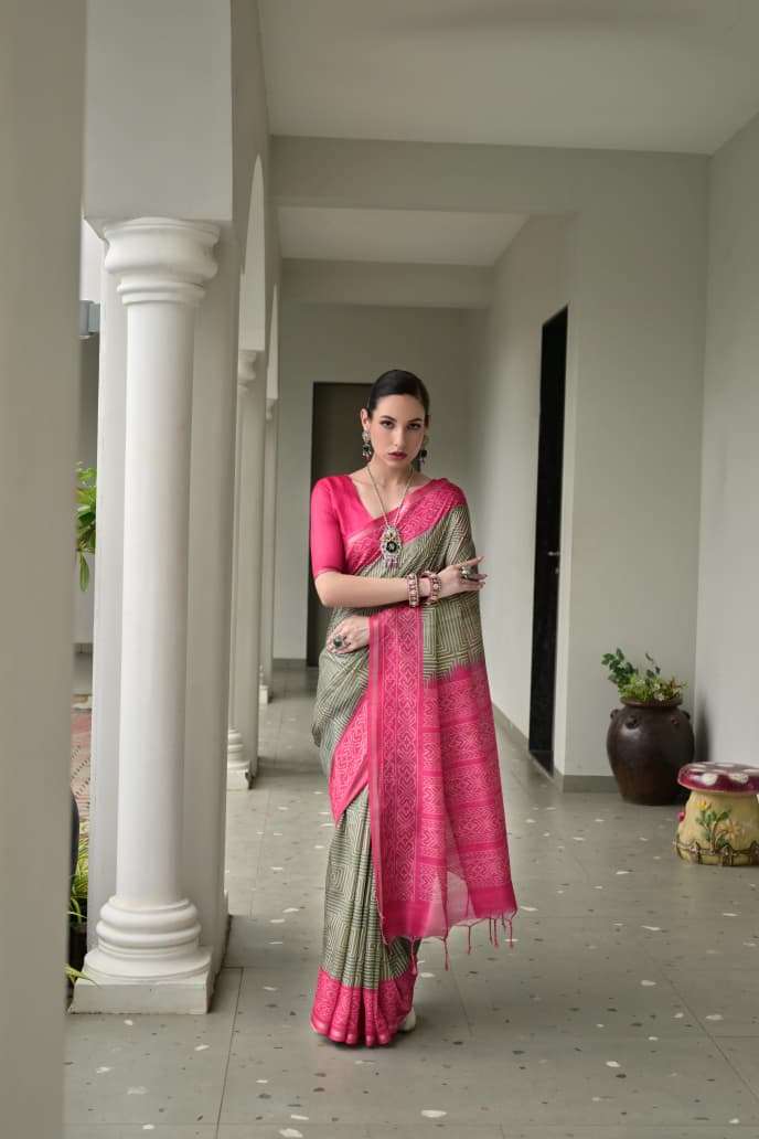 TRADITIONAL SOFT DESI TASAR SILK SAREE WITH UNIQUE IKKAT PRINTED PATTERN MONIKA 107