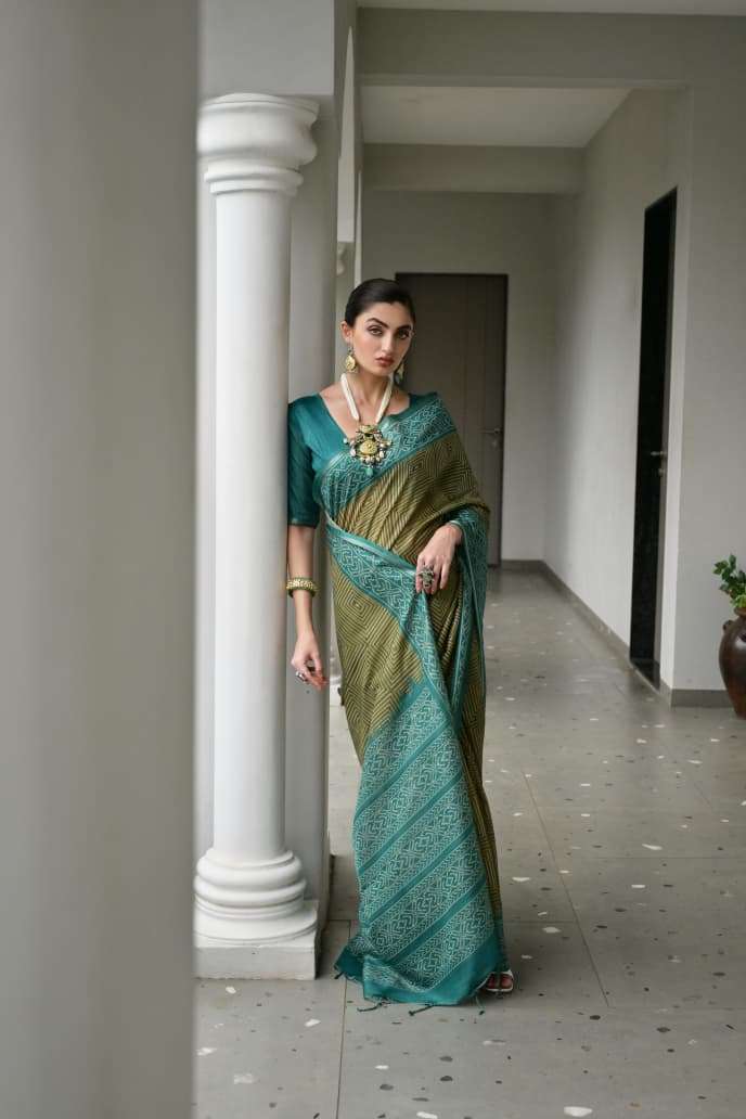 TRADITIONAL SOFT DESI TASAR SILK SAREE WITH UNIQUE IKKAT PRINTED PATTERN MONIKA 107