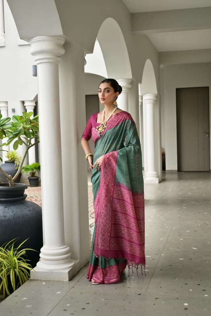 TRADITIONAL SOFT DESI TASAR SILK SAREE WITH UNIQUE IKKAT PRINTED PATTERN MONIKA 107