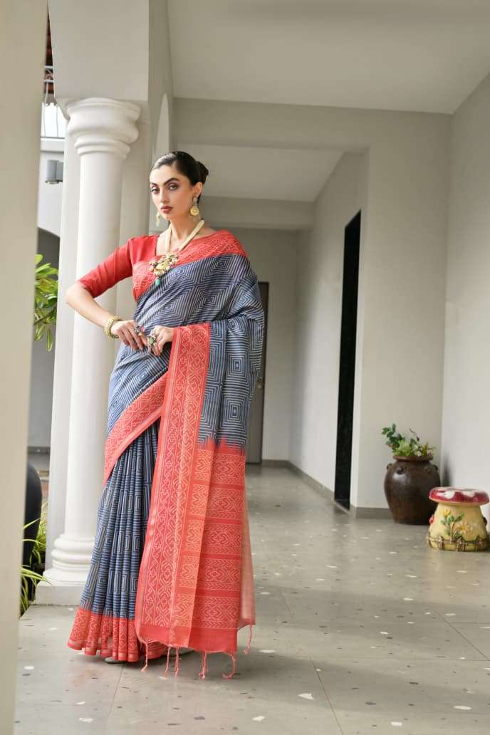 TRADITIONAL SOFT DESI TASAR SILK SAREE WITH UNIQUE IKKAT PRINTED PATTERN MONIKA 107