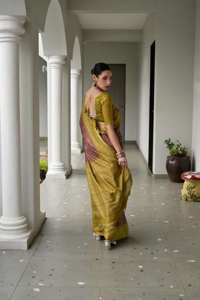 TRADITIONAL SOFT DESI TASAR SILK SAREE WITH UNIQUE IKKAT PRINTED PATTERN MONIKA 107