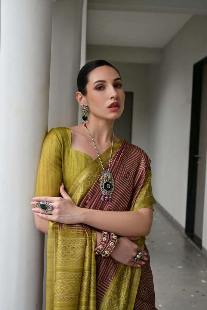 TRADITIONAL SOFT DESI TASAR SILK SAREE WITH UNIQUE IKKAT PRINTED PATTERN MONIKA 107