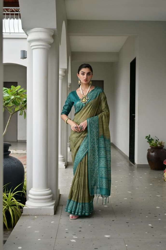 TRADITIONAL SOFT DESI TASAR SILK SAREE WITH UNIQUE IKKAT PRINTED PATTERN MONIKA 107