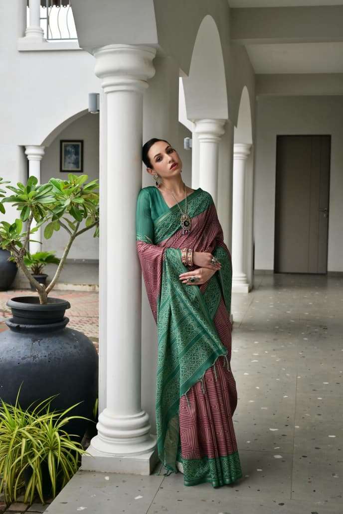 TRADITIONAL SOFT DESI TASAR SILK SAREE WITH UNIQUE IKKAT PRINTED PATTERN MONIKA 107