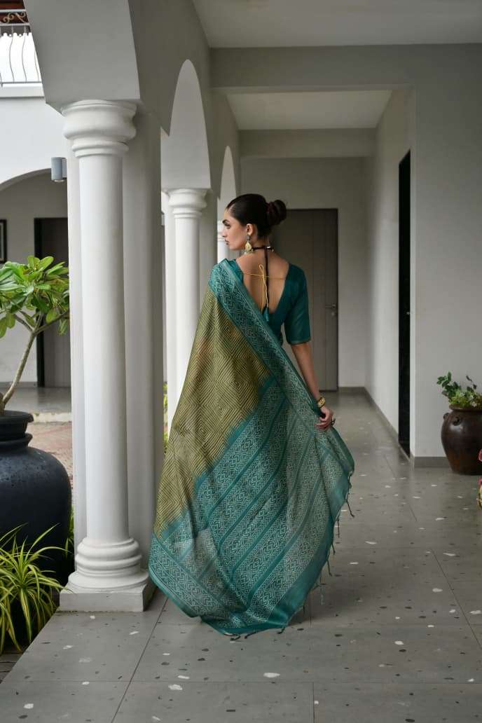 TRADITIONAL SOFT DESI TASAR SILK SAREE WITH UNIQUE IKKAT PRINTED PATTERN MONIKA 107