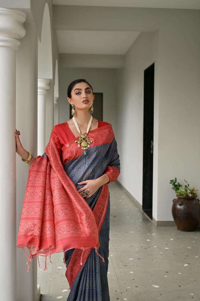 TRADITIONAL SOFT DESI TASAR SILK SAREE WITH UNIQUE IKKAT PRINTED PATTERN MONIKA 107