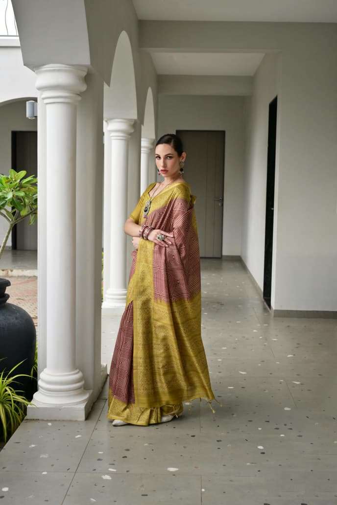 TRADITIONAL SOFT DESI TASAR SILK SAREE WITH UNIQUE IKKAT PRINTED PATTERN MONIKA 107