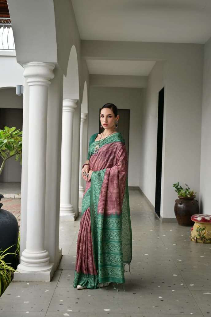 TRADITIONAL SOFT DESI TASAR SILK SAREE WITH UNIQUE IKKAT PRINTED PATTERN MONIKA 107
