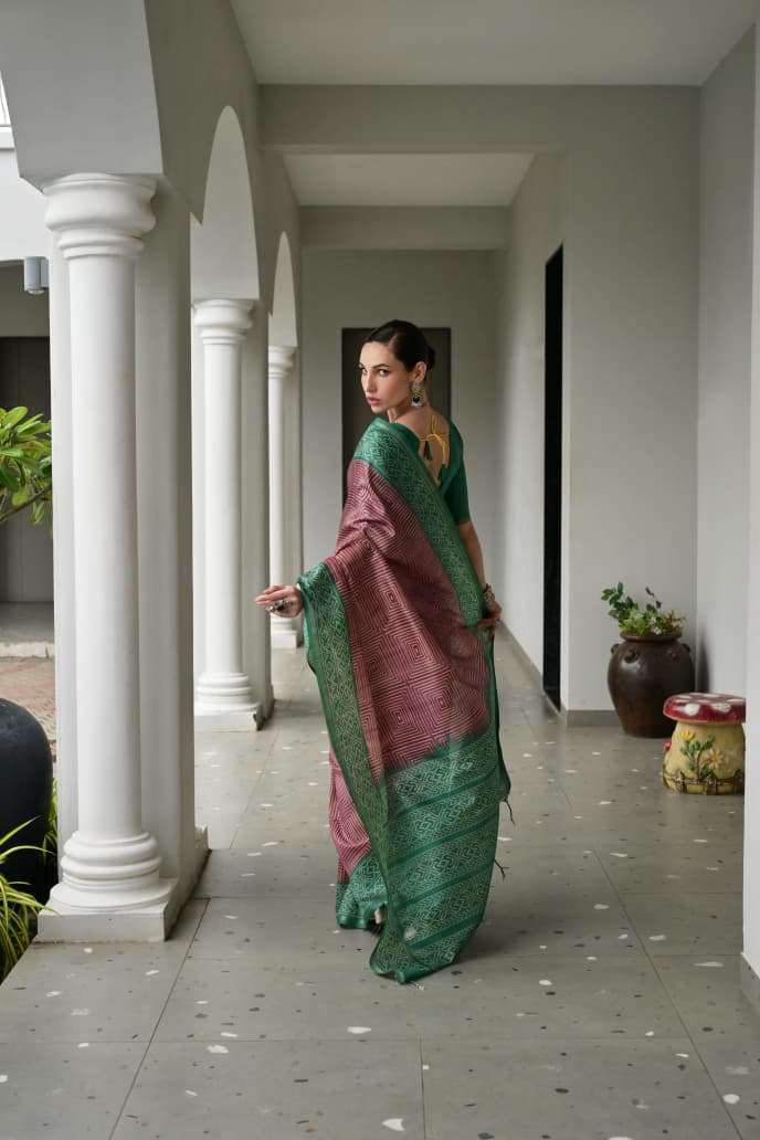 TRADITIONAL SOFT DESI TASAR SILK SAREE WITH UNIQUE IKKAT PRINTED PATTERN MONIKA 107