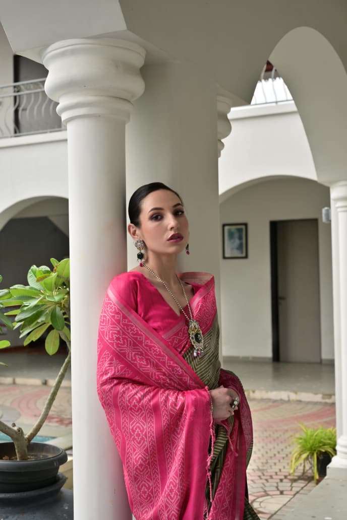 TRADITIONAL SOFT DESI TASAR SILK SAREE WITH UNIQUE IKKAT PRINTED PATTERN MONIKA 107