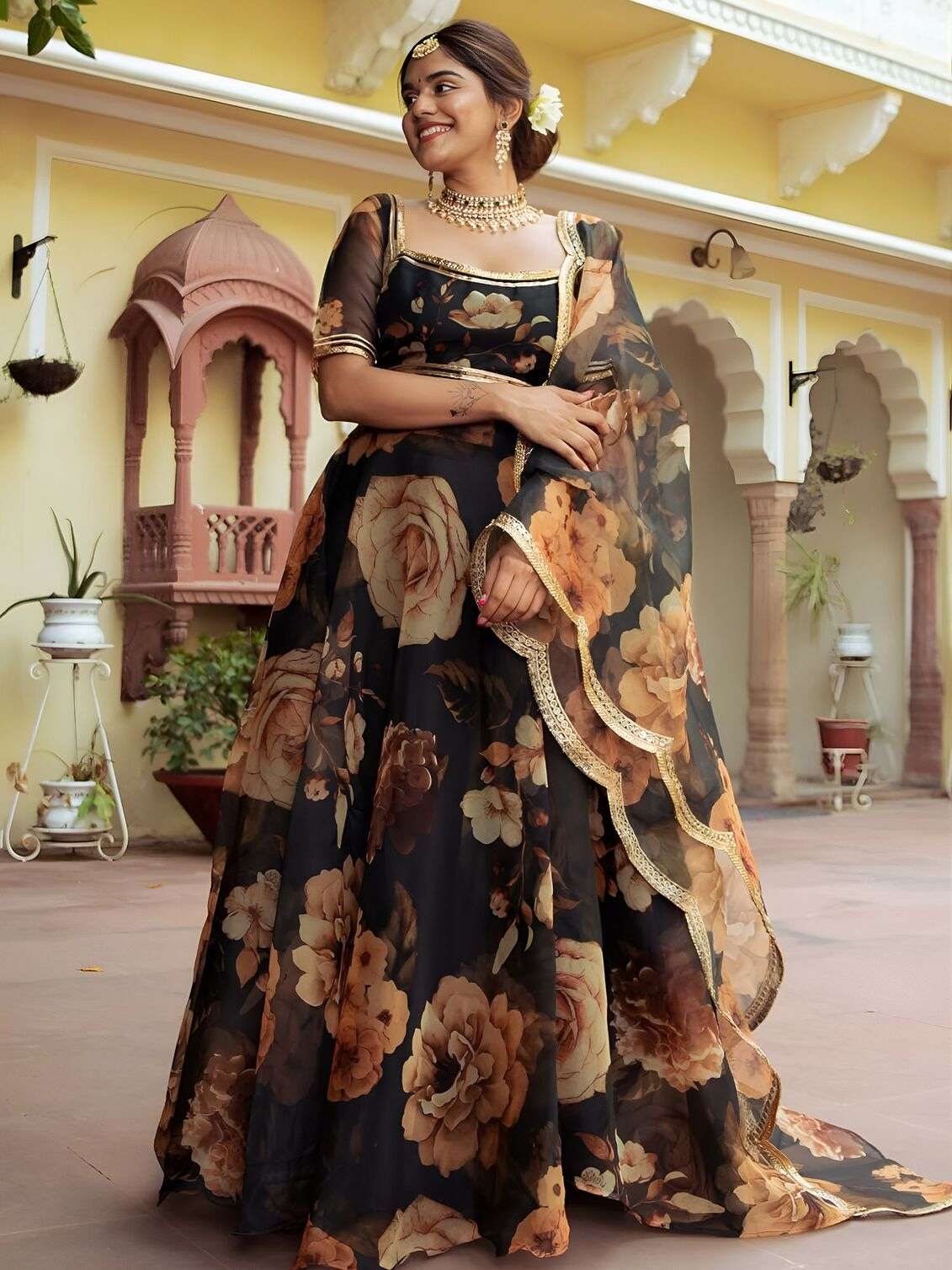 TREANDING BLACK FLORAL LEHENGA CHOLI WITH ORGANZA DUPATTA 