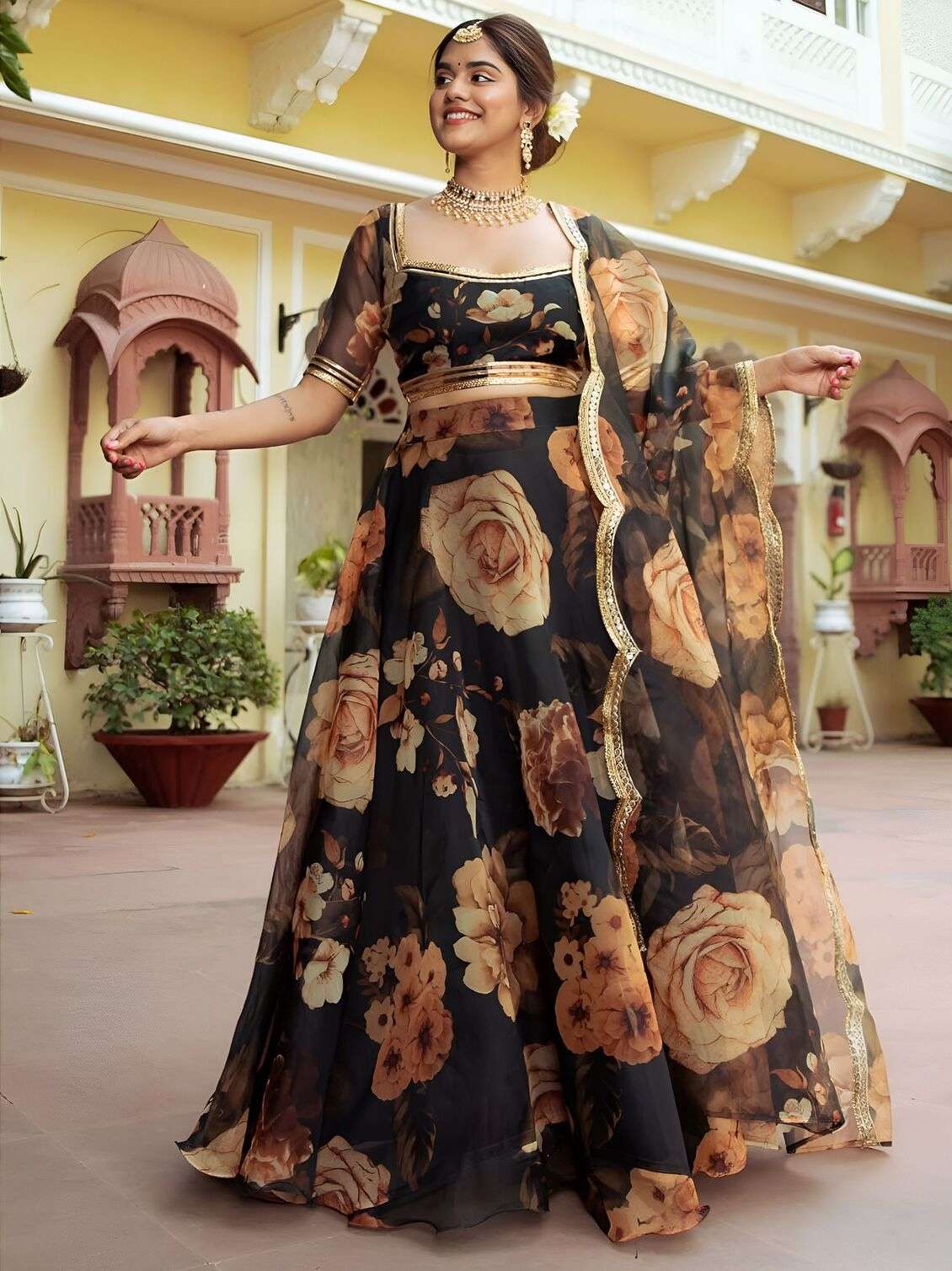 TREANDING BLACK FLORAL LEHENGA CHOLI WITH ORGANZA DUPATTA 