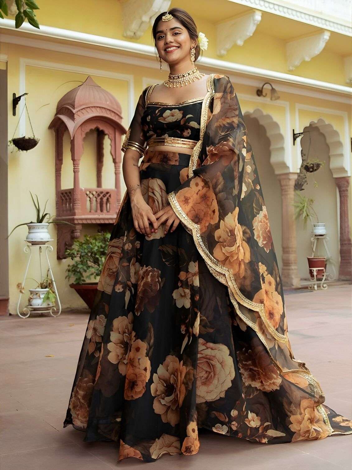 TREANDING BLACK FLORAL LEHENGA CHOLI WITH ORGANZA DUPATTA 