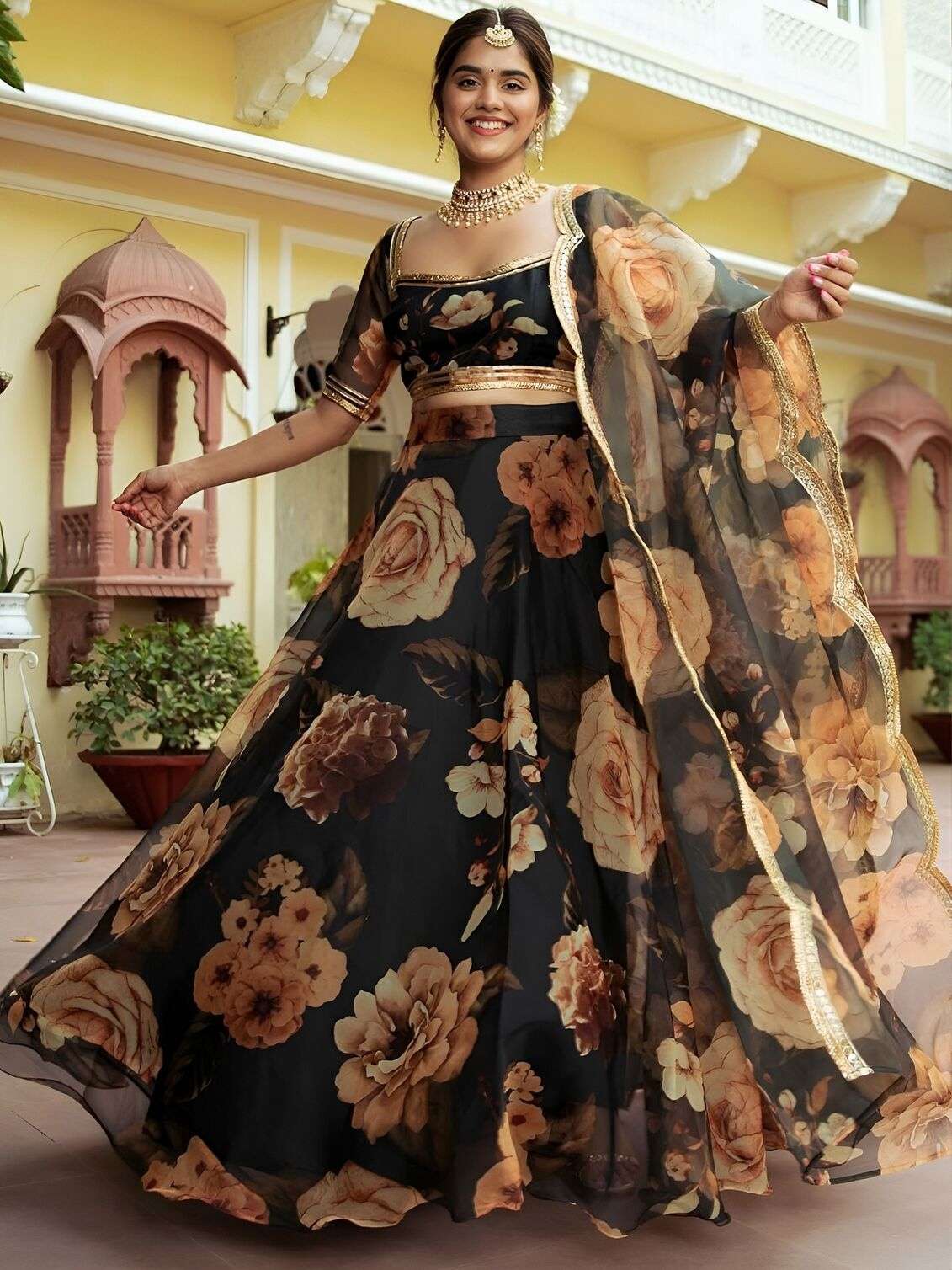 TREANDING BLACK FLORAL LEHENGA CHOLI WITH ORGANZA DUPATTA 
