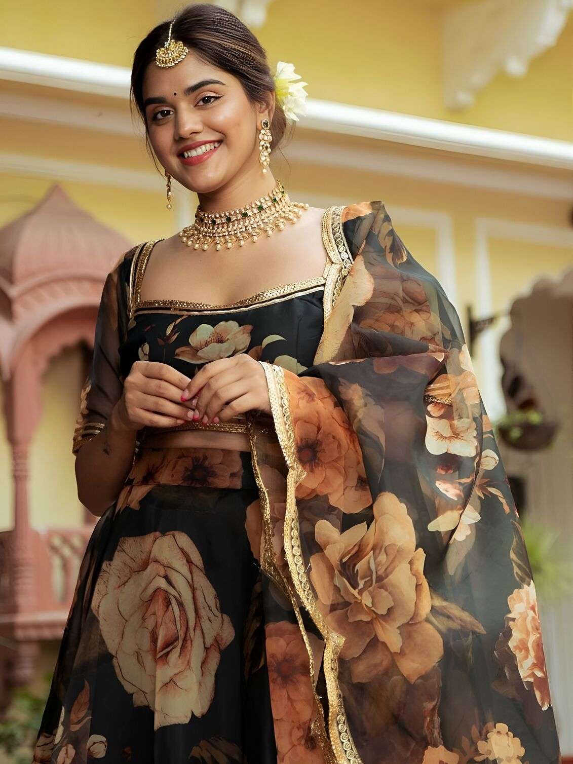 TREANDING BLACK FLORAL LEHENGA CHOLI WITH ORGANZA DUPATTA 