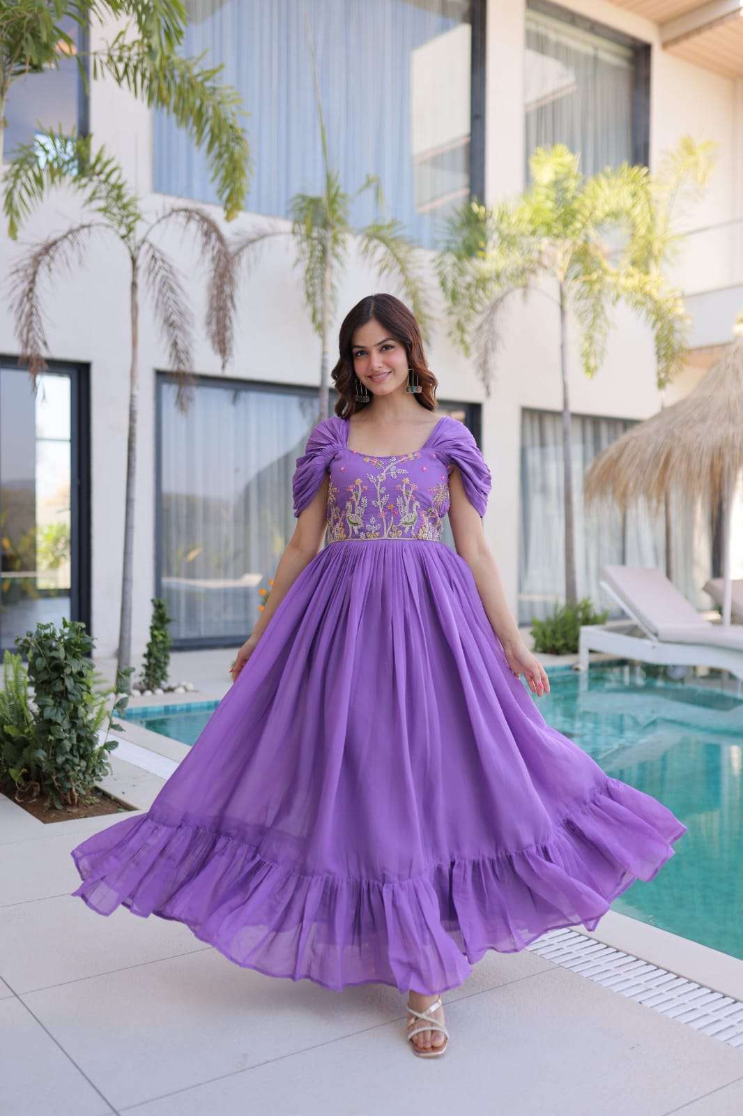 TREANDING MAL CHANDERI WITH BEADS EMBROIDERY WORK GOWN COLLECTION