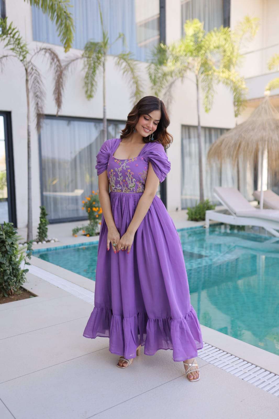 TREANDING MAL CHANDERI WITH BEADS EMBROIDERY WORK GOWN COLLECTION