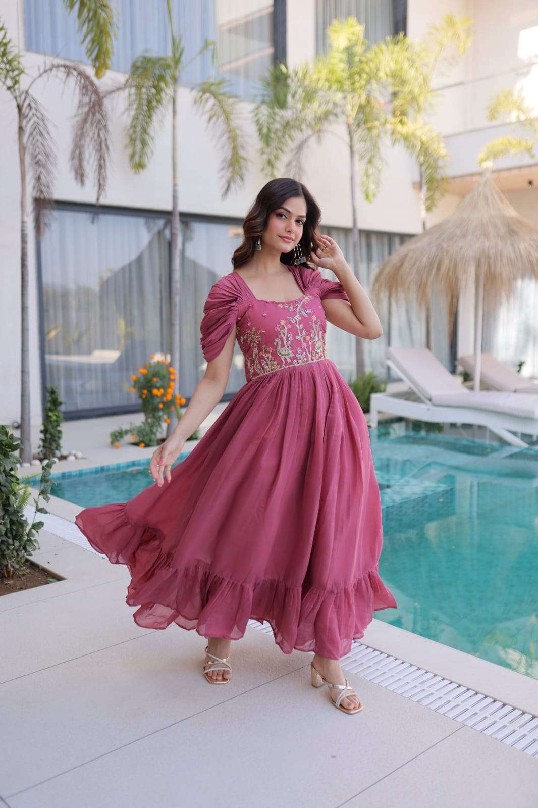 TREANDING MAL CHANDERI WITH BEADS EMBROIDERY WORK GOWN COLLECTION