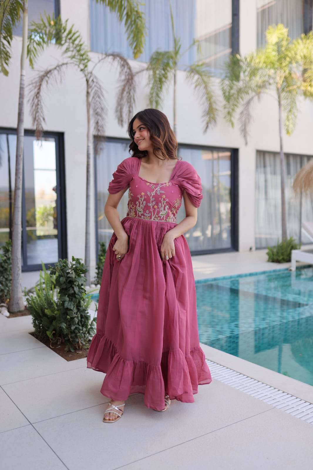 TREANDING MAL CHANDERI WITH BEADS EMBROIDERY WORK GOWN COLLECTION