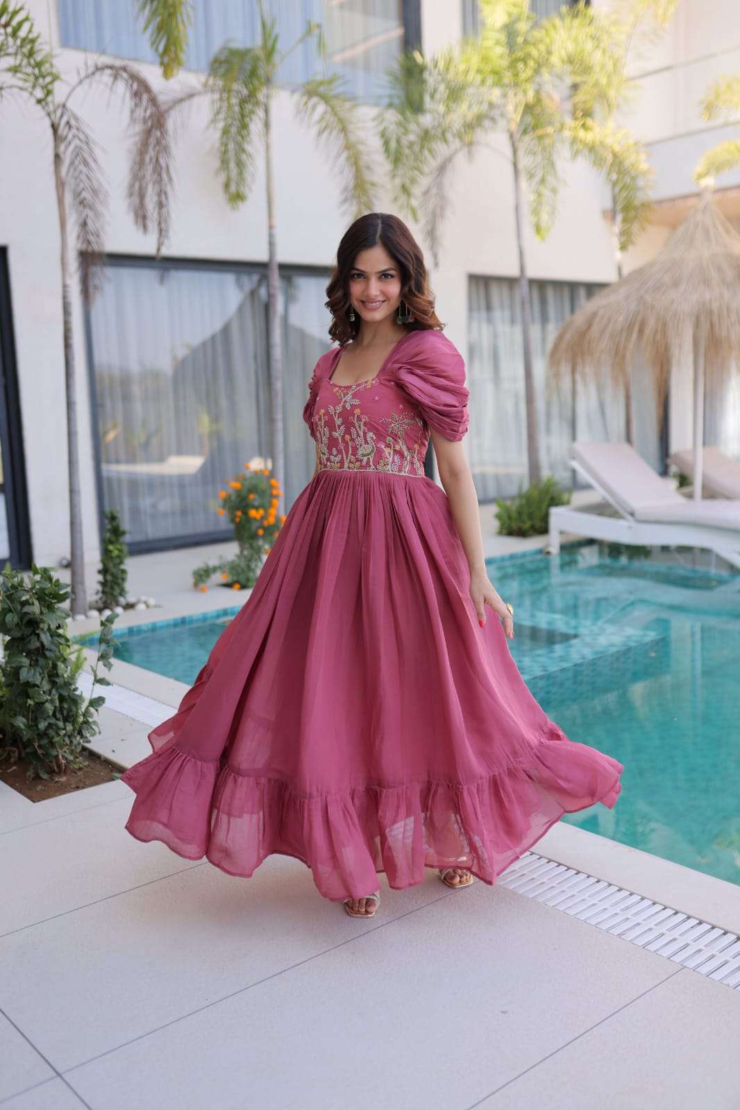 TREANDING MAL CHANDERI WITH BEADS EMBROIDERY WORK GOWN COLLECTION