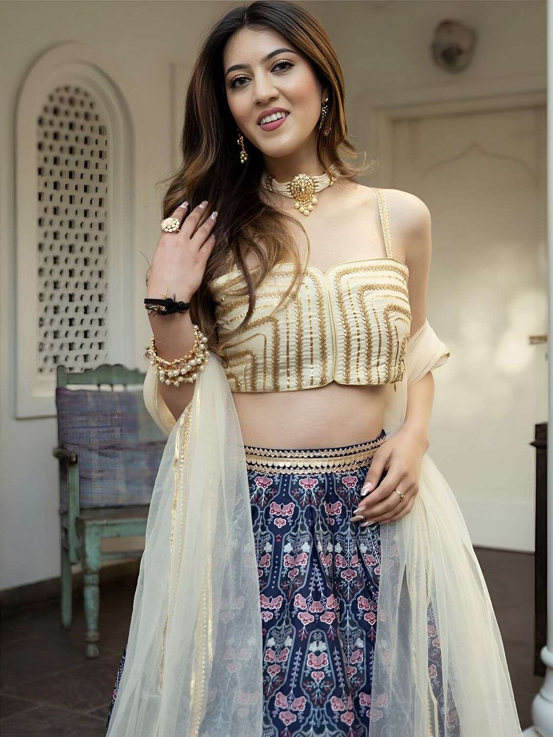  TREANDING NAVY BLUE PRINTED LEHENGA CHOLI WITH CREAM DUPATTA