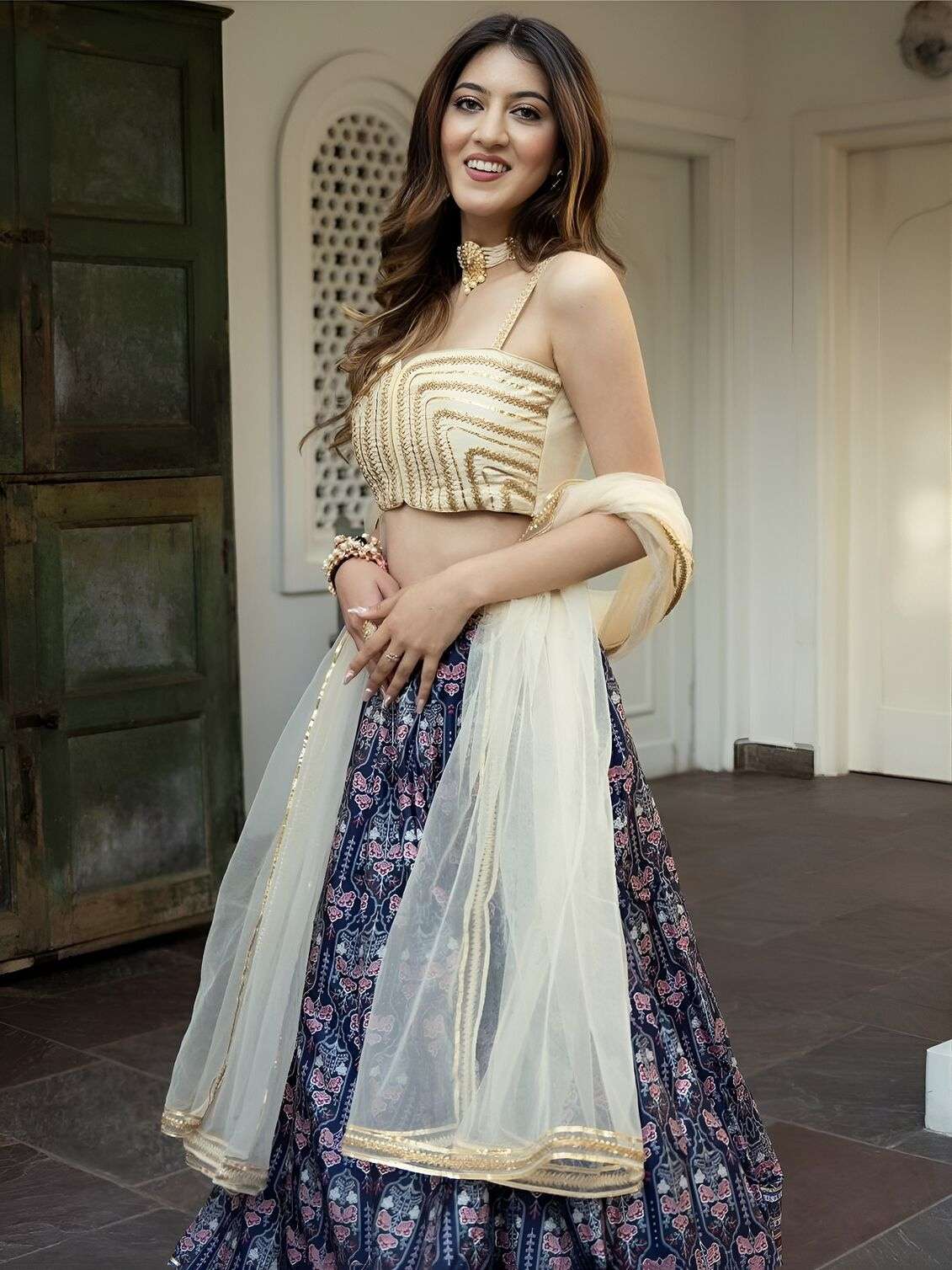  TREANDING NAVY BLUE PRINTED LEHENGA CHOLI WITH CREAM DUPATTA
