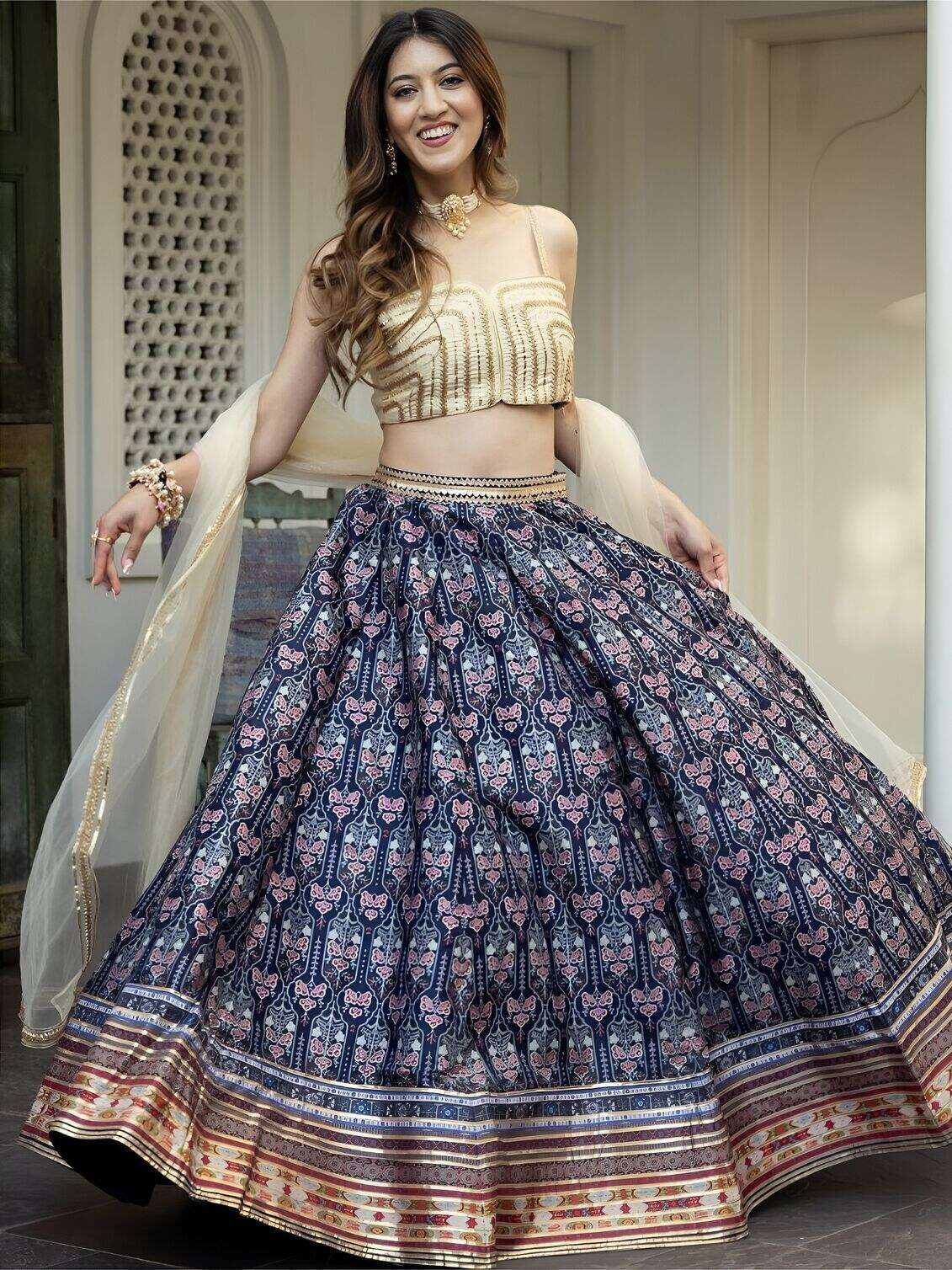  TREANDING NAVY BLUE PRINTED LEHENGA CHOLI WITH CREAM DUPATTA