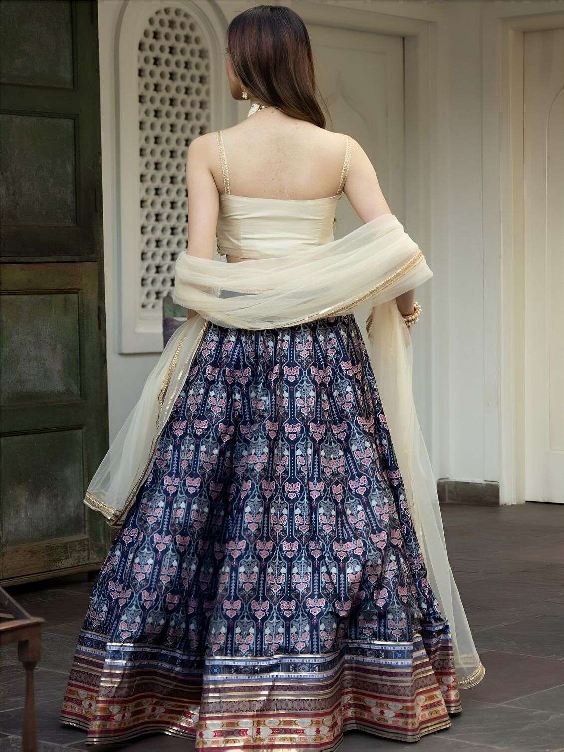  TREANDING NAVY BLUE PRINTED LEHENGA CHOLI WITH CREAM DUPATTA