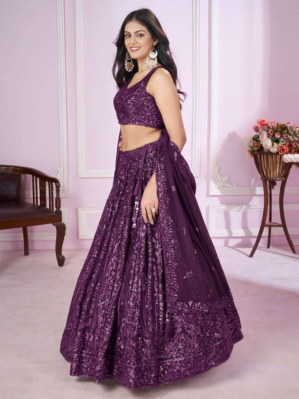 WINE PURPLE SEQUENCE EMBROIDERY DESIGNER LEHENGA CHOLI          