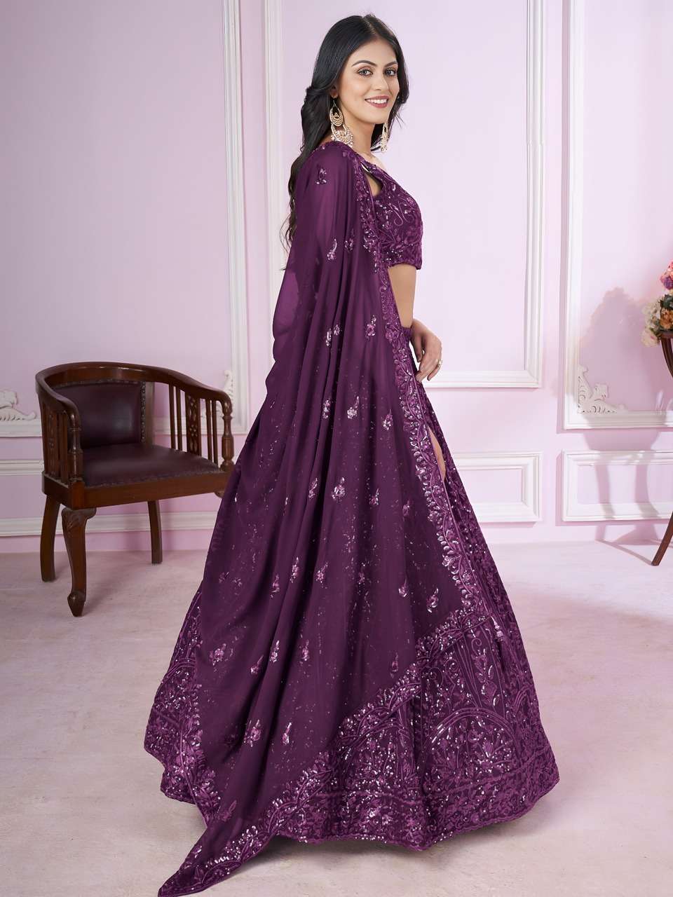 WINE PURPLE SEQUENCE EMBROIDERY DESIGNER LEHENGA CHOLI          