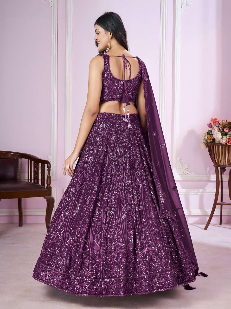 WINE PURPLE SEQUENCE EMBROIDERY DESIGNER LEHENGA CHOLI          