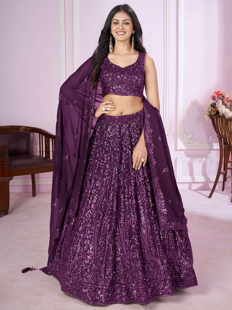 WINE PURPLE SEQUENCE EMBROIDERY DESIGNER LEHENGA CHOLI          