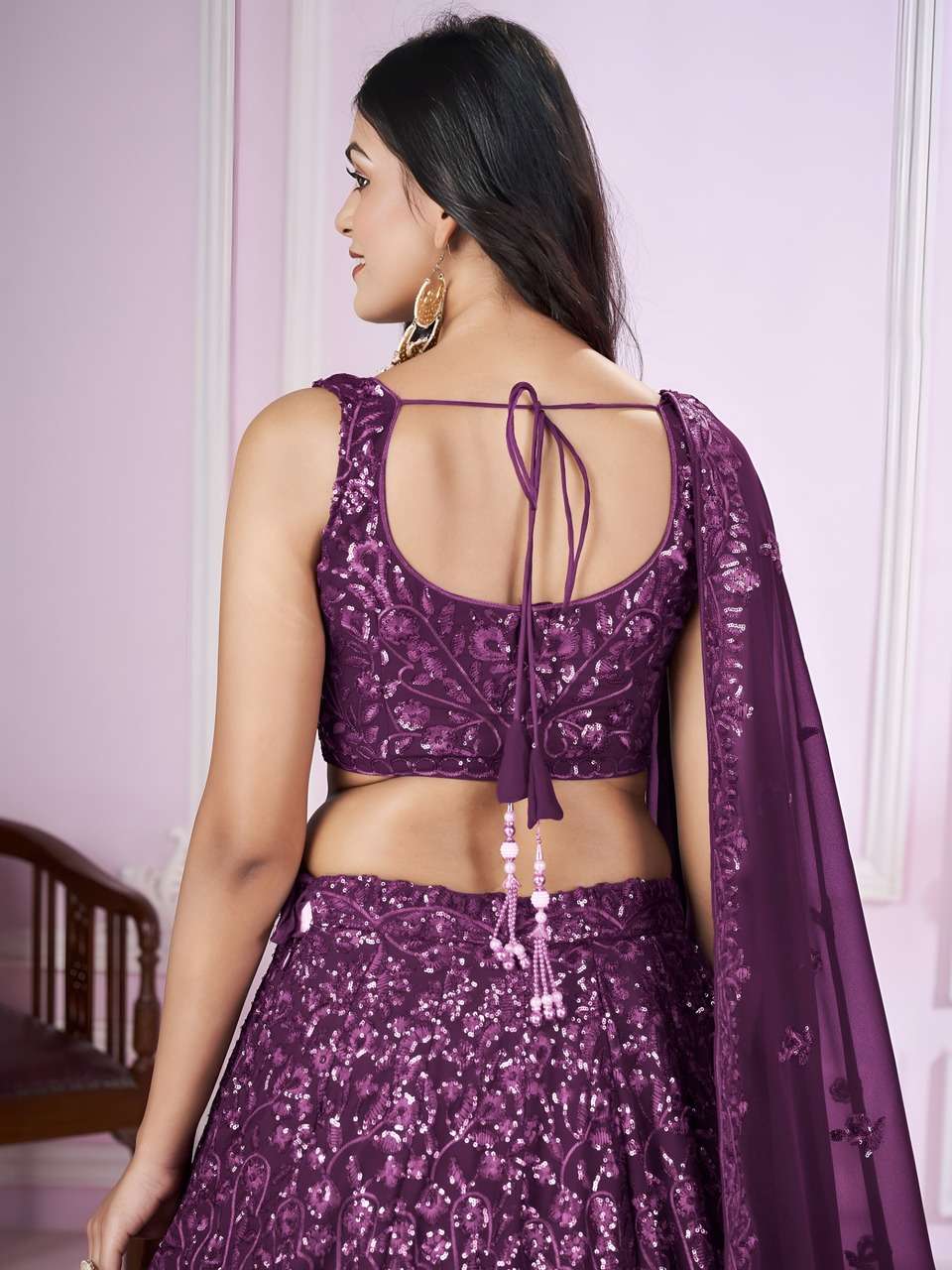WINE PURPLE SEQUENCE EMBROIDERY DESIGNER LEHENGA CHOLI          