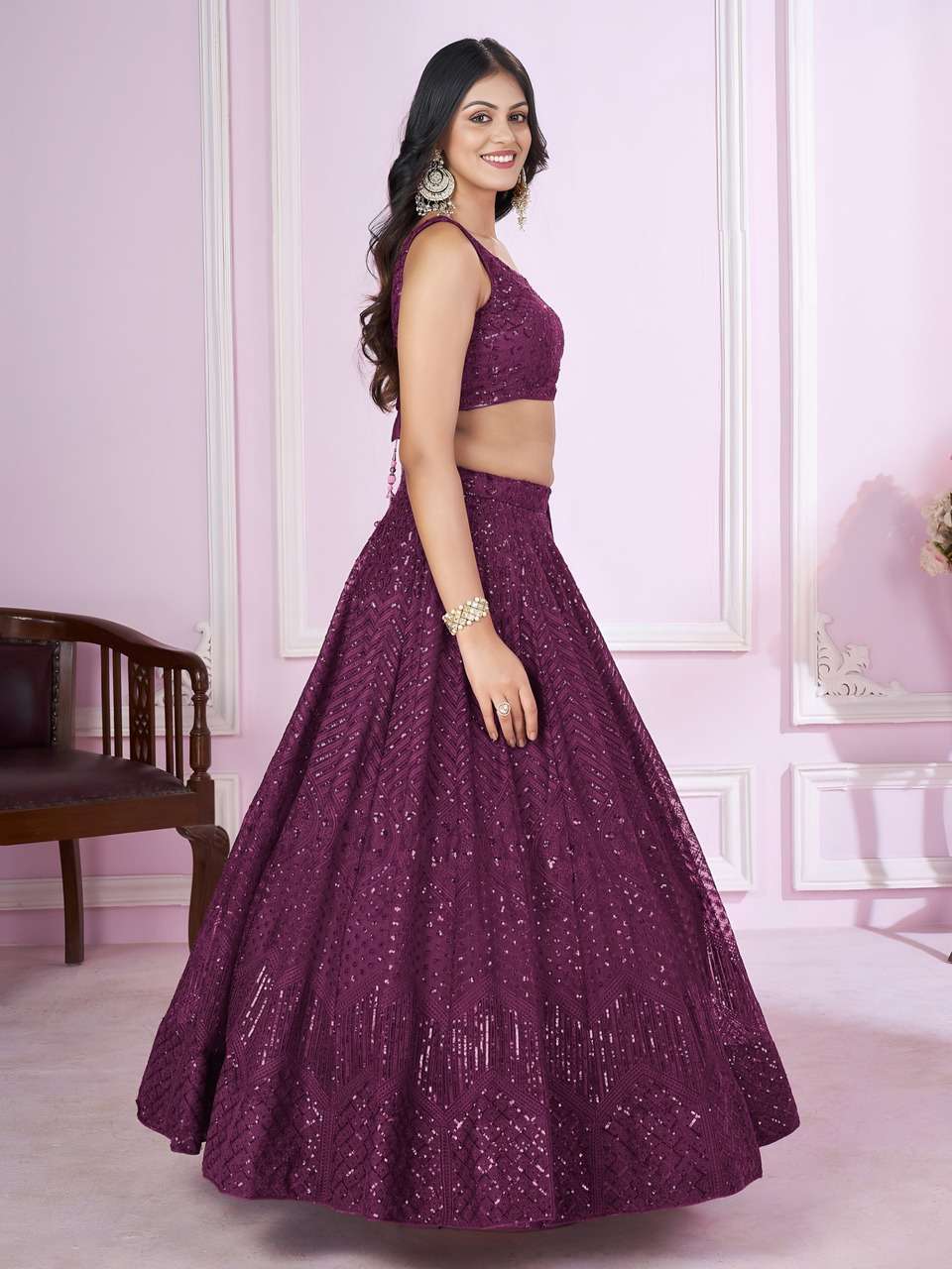  WINE PURPLE SEQUENCE SOFT NET FABRIC WITH EMBROIDERY FESTIVAL LEHENGA CHOLI           