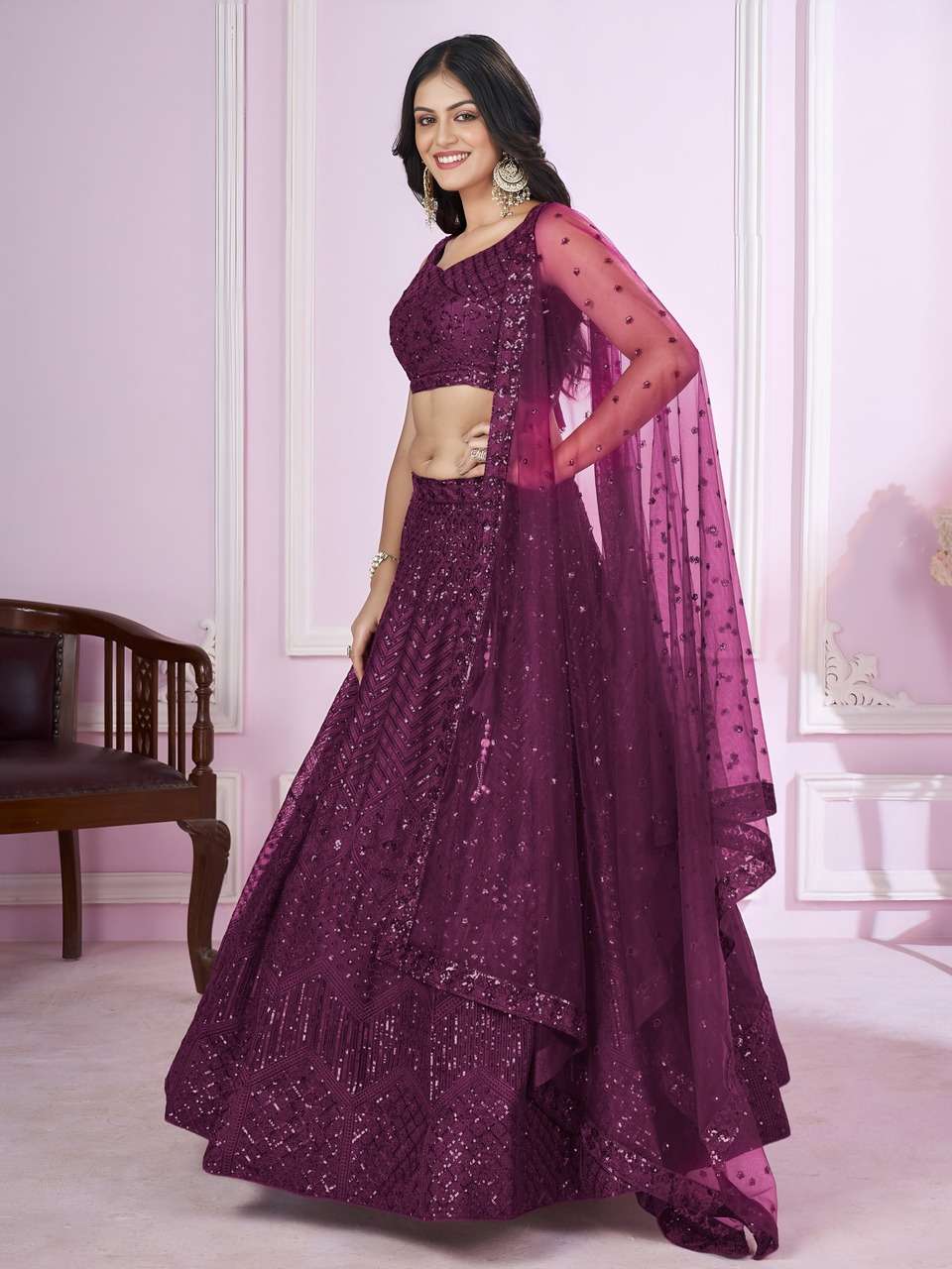  WINE PURPLE SEQUENCE SOFT NET FABRIC WITH EMBROIDERY FESTIVAL LEHENGA CHOLI           