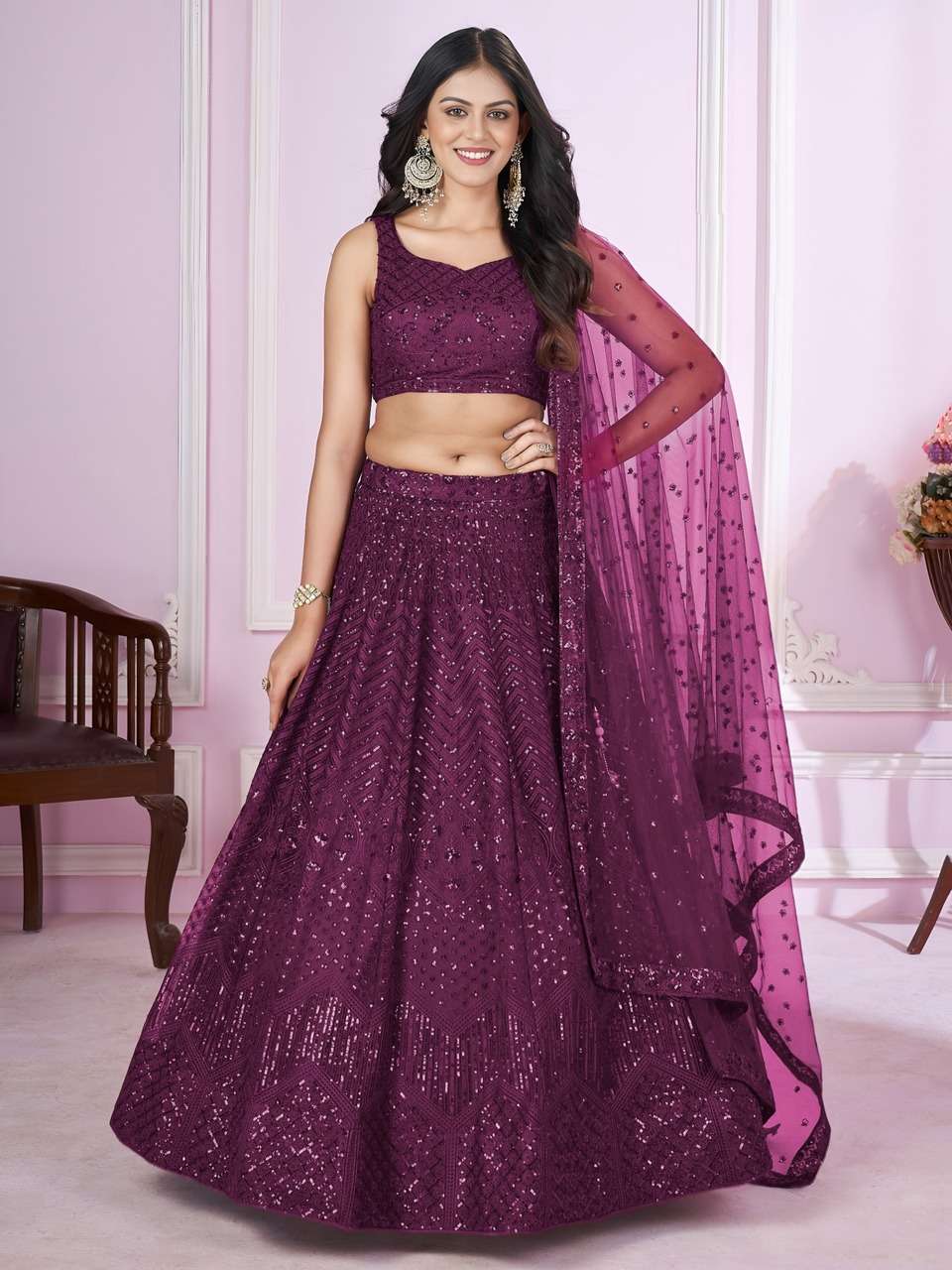  WINE PURPLE SEQUENCE SOFT NET FABRIC WITH EMBROIDERY FESTIVAL LEHENGA CHOLI           
