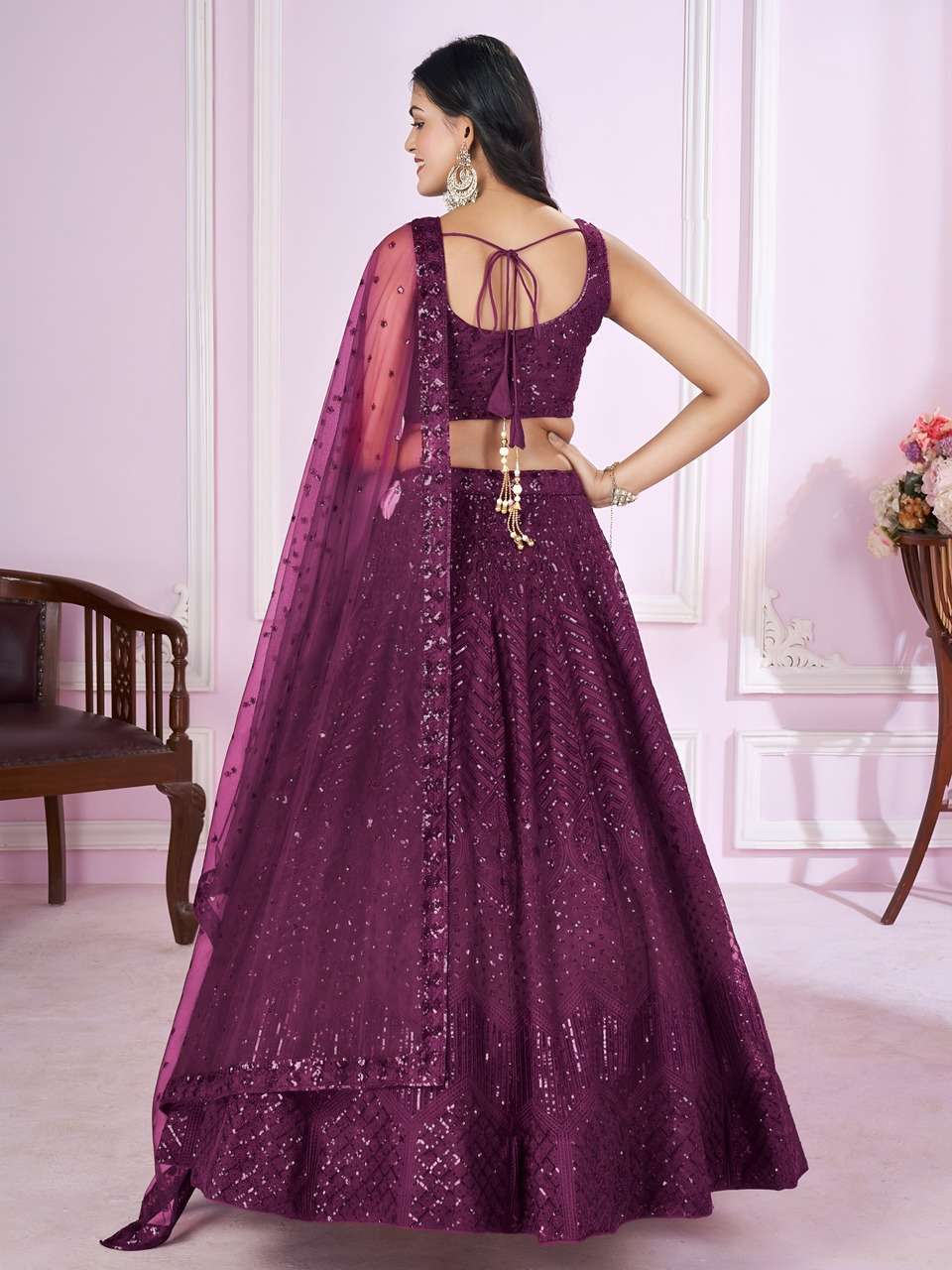  WINE PURPLE SEQUENCE SOFT NET FABRIC WITH EMBROIDERY FESTIVAL LEHENGA CHOLI           