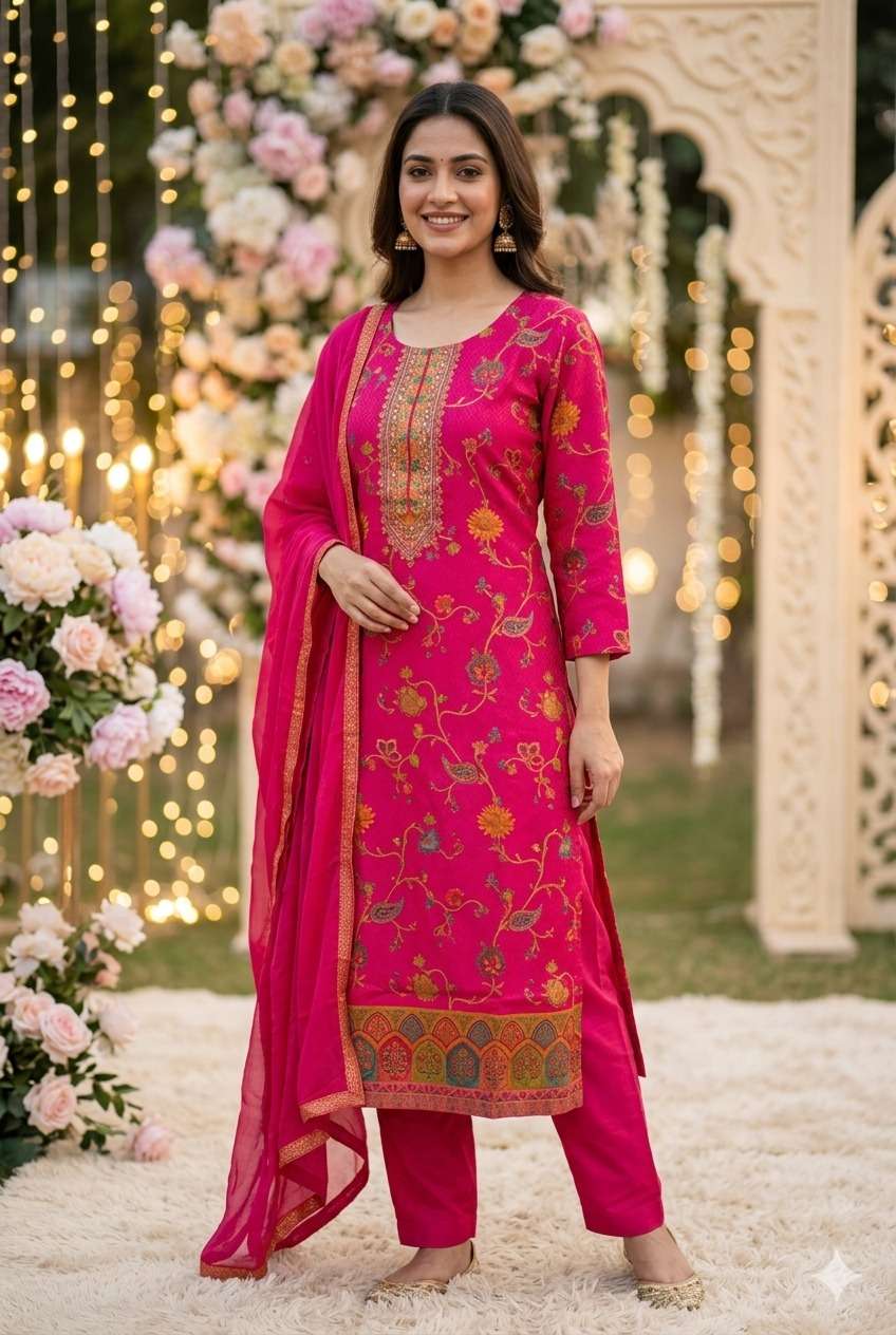RUSSIAN SILK WITH JACQUARD  KURTI PANT DUPPTA WHOLESALER AND EXPORTER FROM SURAT TEXOFAB 