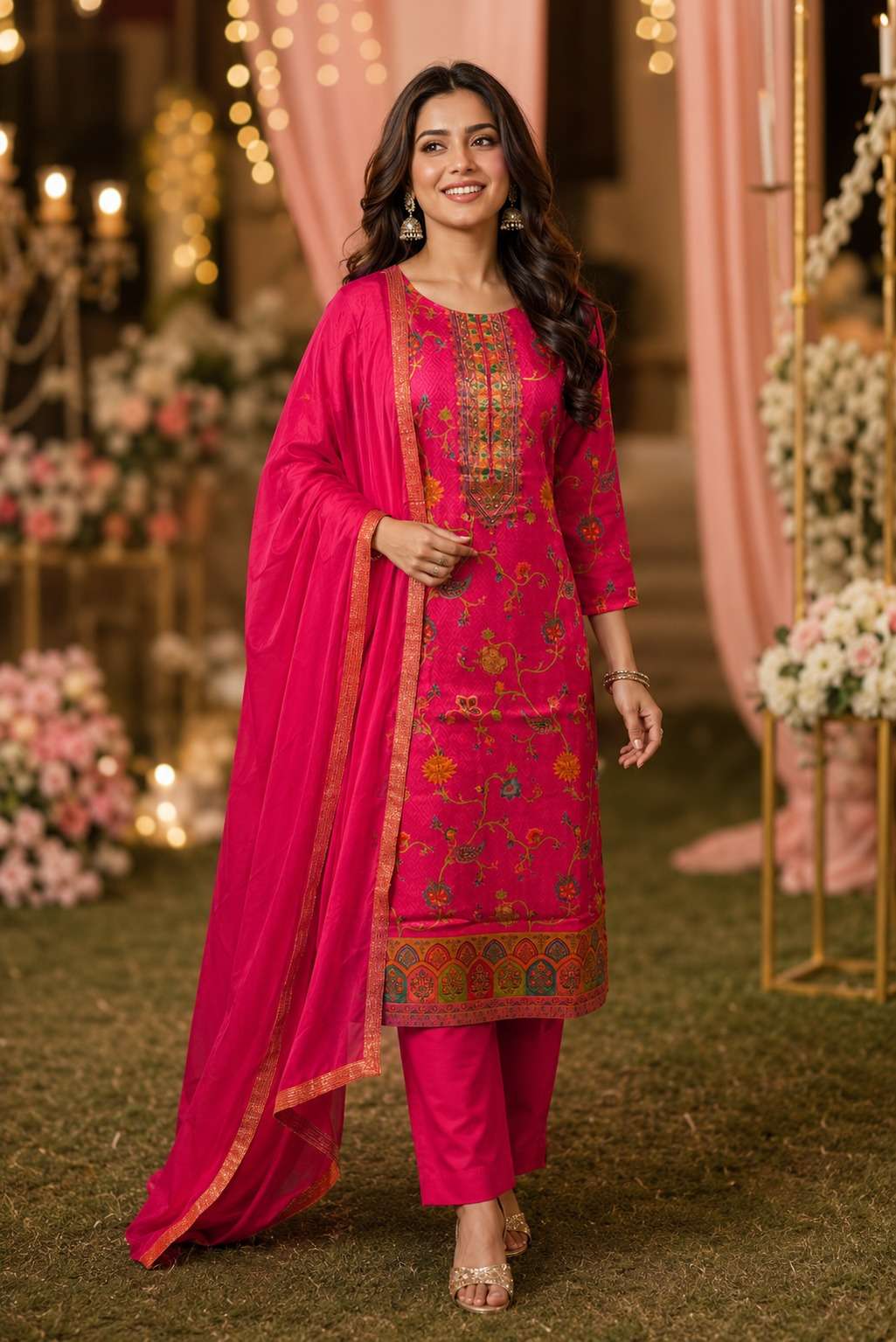 RUSSIAN SILK WITH JACQUARD  KURTI PANT DUPPTA WHOLESALER AND EXPORTER FROM SURAT TEXOFAB 