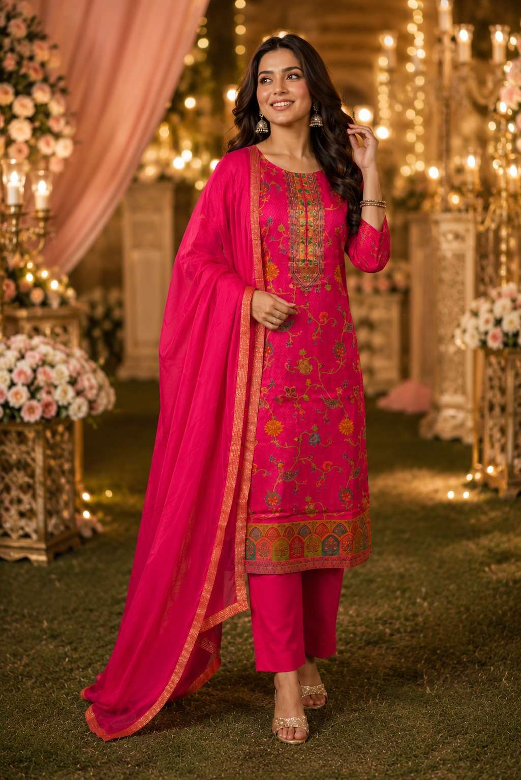 RUSSIAN SILK WITH JACQUARD  KURTI PANT DUPPTA WHOLESALER AND EXPORTER FROM SURAT TEXOFAB 