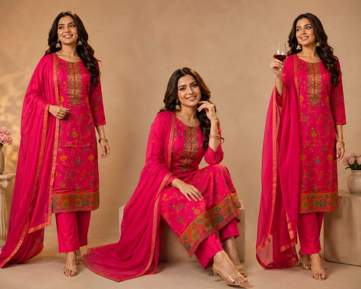 RUSSIAN SILK WITH JACQUARD  KURTI PANT DUPPTA WHOLESALER AND EXPORTER FROM SURAT TEXOFAB 